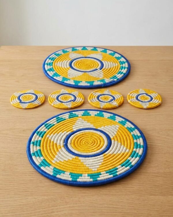 Blue & Yellow - Sabai Art Handwoven Dining Set - Set of 6 | 2 Table Mats (12") & 4 Coasters (4") |