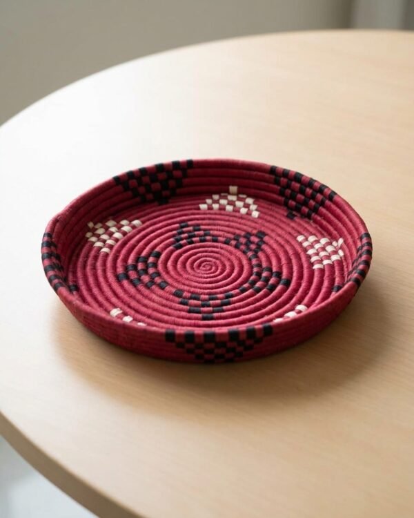Red, Black and White Fruit Basket- Sabai Art Handwoven Basket - (12"(diameter)*2"(height)) - 1 Piece
