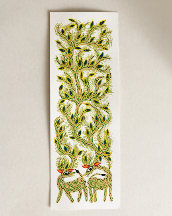 Bhil Art #03 - Deer Pair Green - 6*16.5 inch - Hand Painted In Paper - Unframed