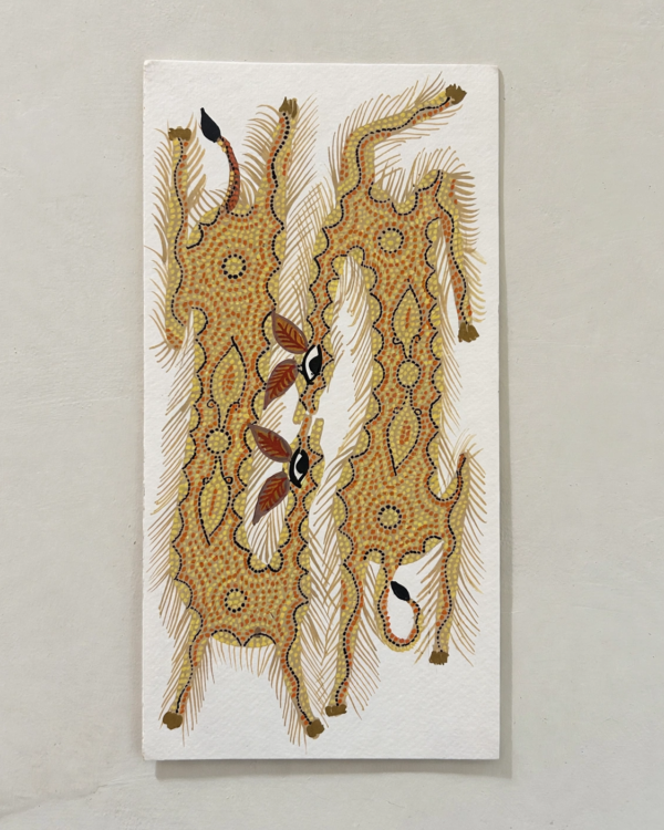 Bhil Art #27 - Deer Pair Sitting Yellow - 5.5*11 inches - Hand Painted In Paper - Unframed