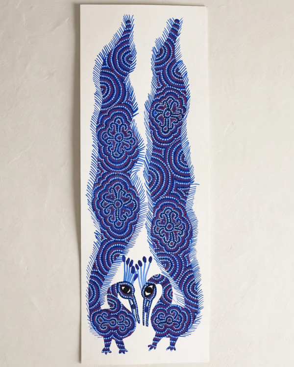 Bhil Art #09 - Peacock Pair Blue - 6*16.5 inch - Hand Painted In Paper - Unframed
