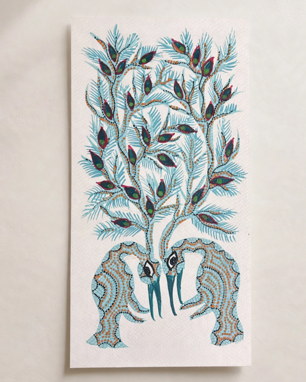Bhil Art #29 - Peacock Pair Green - 5.5*11 inches - Hand Painted In Paper - Unframed