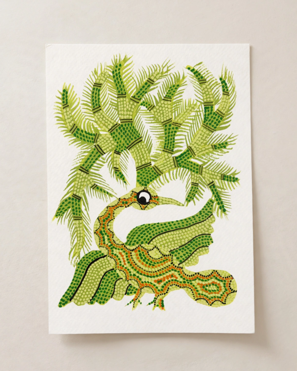 Bhil Art #25 - Green Peacock - 6*8 inches - Hand Painted In Paper - Unframed