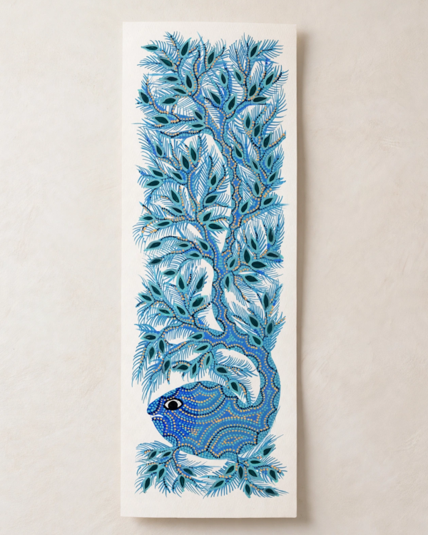 Bhil Art #01 - Fish Blue - 6*16.5 inch - Hand Painted In Paper - Unframed