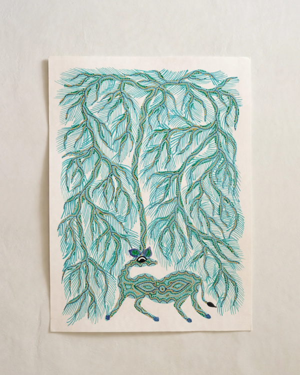 Bhil Art #38 - Deer Green - Big 11*15 inches - Hand Painted In Paper - Unframed