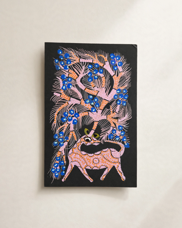Bhil Art #18 - Deer Pink - 5*7.5 inch - Hand Painted In Black Paper - Unframed