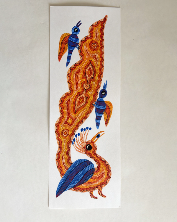Bhil Art #07 - Peacock Orange with birds - 6*16.5 inch - Hand Painted In Paper - Unframed