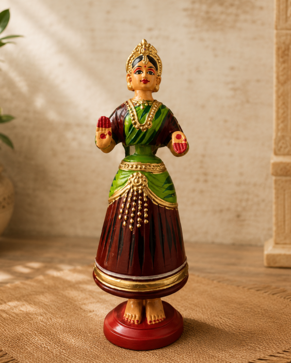 Bharatanatyam Tanjore Dancing Doll - Green Top & Brown Bottom (Paper Mache)