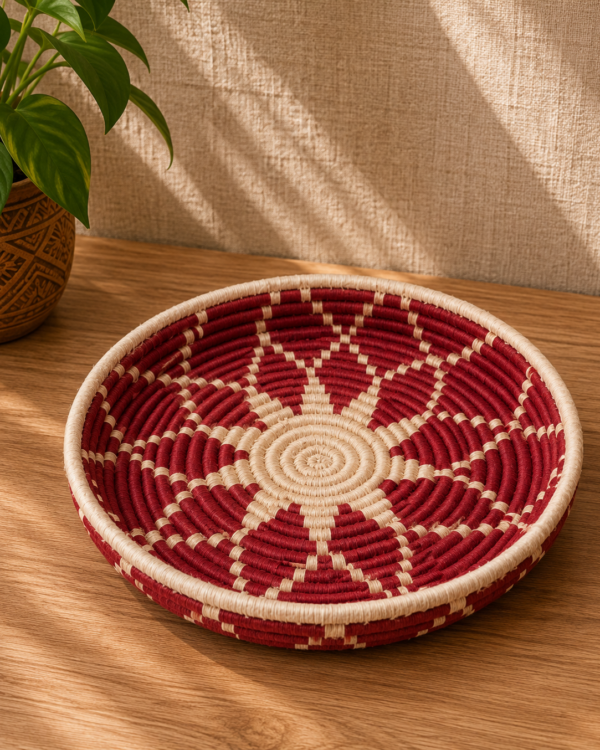 Red and White Fruit Basket- Sabai Art Handwoven Basket - (12"(diameter)*2"(height))
