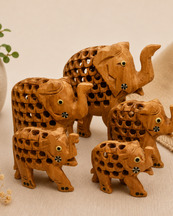 Wooden Jali Elephant with eyes painted – Set of 5 | Hand-Carved Miniatures in Natural Finish | Jaipur Craft | Sizes 1" to 3" (approx 160 gms)