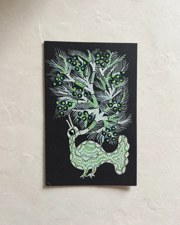 Bhil Art #17 - Peacock Green - 5*7.5 inch - Hand Painted In Black Paper - Unframed