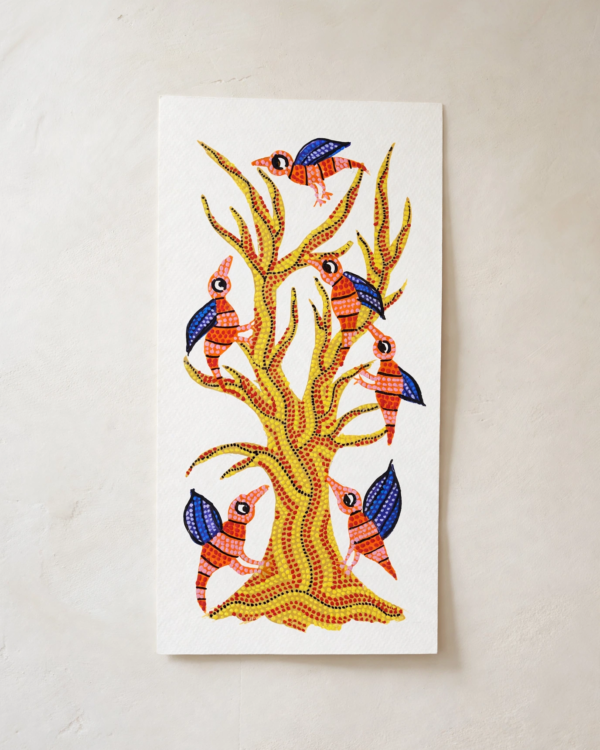 Bhil Art #31 - Birds on Tree - 5.5*11 inches - Hand Painted In Paper - Unframed