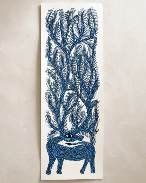 Bhil Art #02 - Deer Blue - 6*16.5 inch - Hand Painted In Paper - Unframed