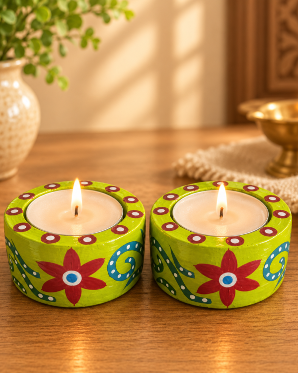 Handcrafted Wooden Floral Tealight Candle Holder Set | Hand-Painted Indian Wooden Tea Light Holder (Set of 2)