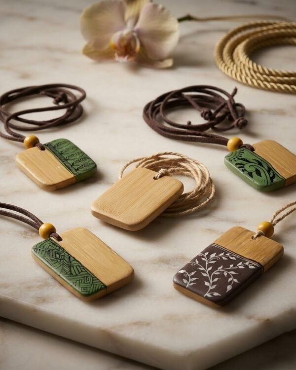 Chains / Bag tag - Natural Rectangular - Bamboo Hand Painted - Assorted