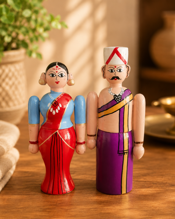 Handcrafted Wooden Traditional Couple Doll Set - 6 Inch height