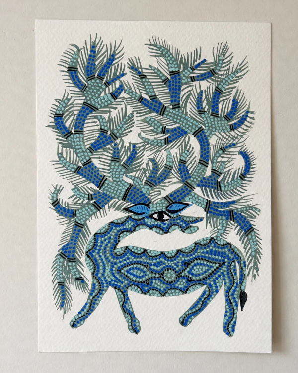 Bhil Art #23 - Deer Blue - 6*8 inches - Hand Painted In Paper - Unframed