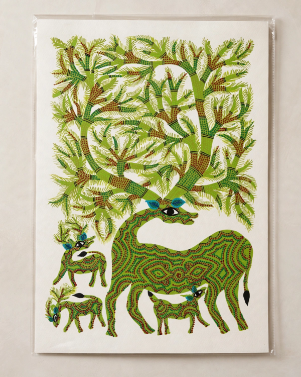 Bhil Art #43 - Deer Green - Big 12*16 inches - Hand Painted In Paper - Unframed