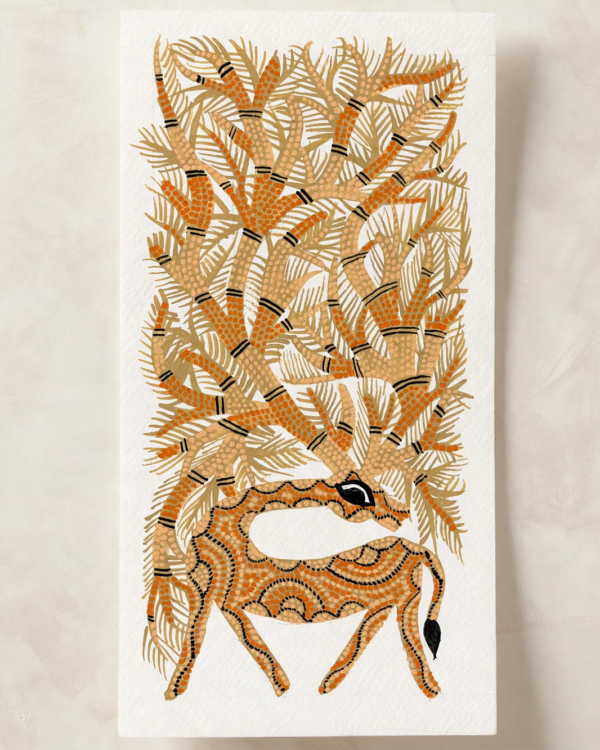 Bhil Art #33 - Deer Orange - 5.5*11 inches - Hand Painted In Paper - Unframed