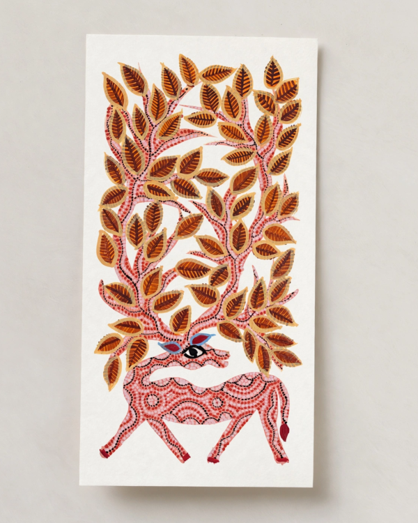 Bhil Art #32 - Deer Pink - 5.5*11 inches - Hand Painted In Paper - Unframed