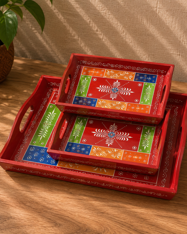 Handpainted Red  Woden Rectangular Tray - set of 3