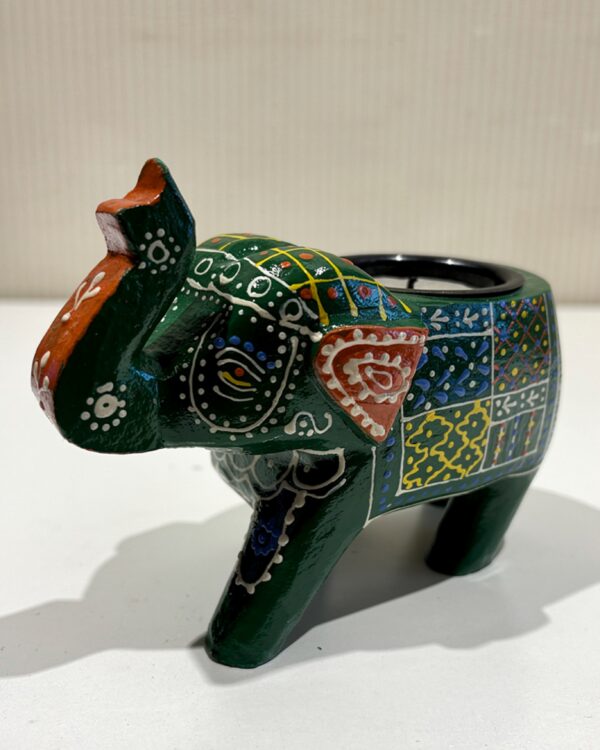 Handcrafted Wooden Elephant with T-light Holder – Green | Painted Decorative Piece from Jodhpur (4" height)