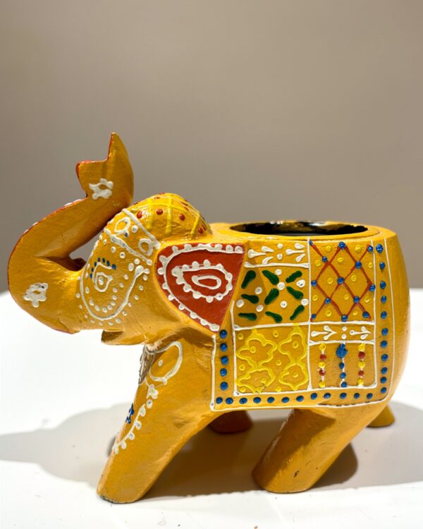 Handcrafted Wooden Elephant with T-light Holder – Yellow | Painted Decorative Piece from Jodhpur (4" height)