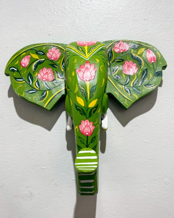 Handpainted Green Wooden Elephant Face - Wall Art (10 inch)