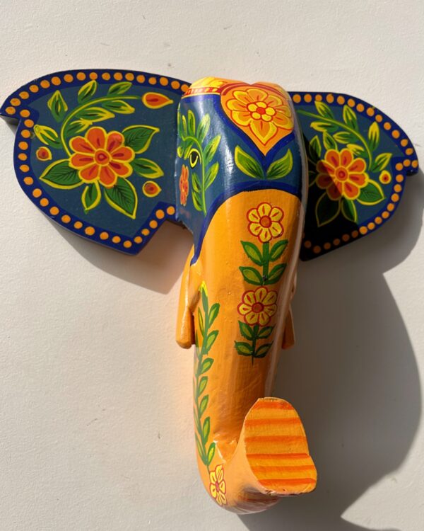 Handpainted Orange and Green Wooden Elephant Face - Wall Art (10 inch)