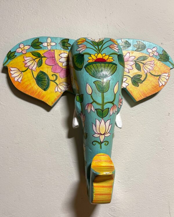 Handpainted Blue and Yellow Wooden Elephant Face - Wall Art (10 inch)