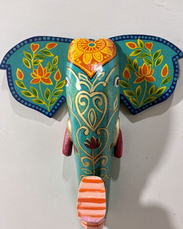 Handpainted Green and Orange Wooden Elephant Face - Wall Art (10 inch)