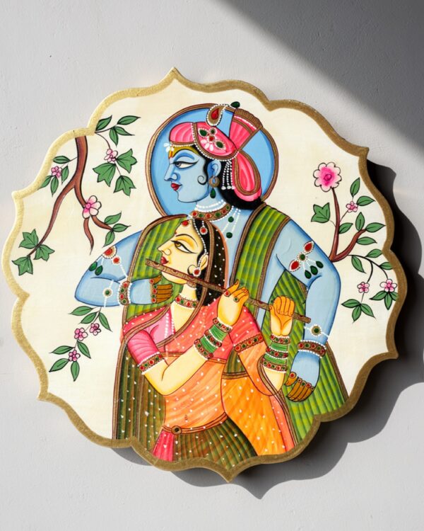 Handpainted Radha Krishna - Wooden Wall Art Plate (10 Inch)