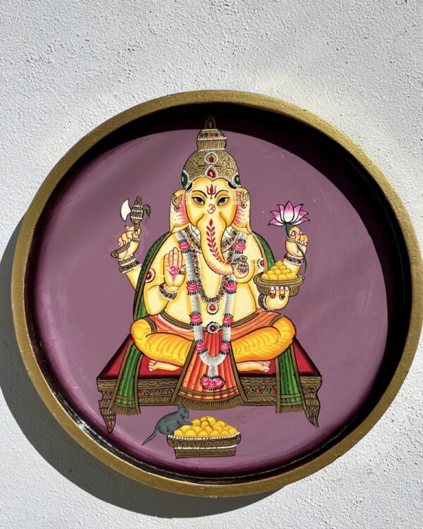 Handpainted Divine Ganesh Ji - Wooden Wall Art Plate (10 Inch)