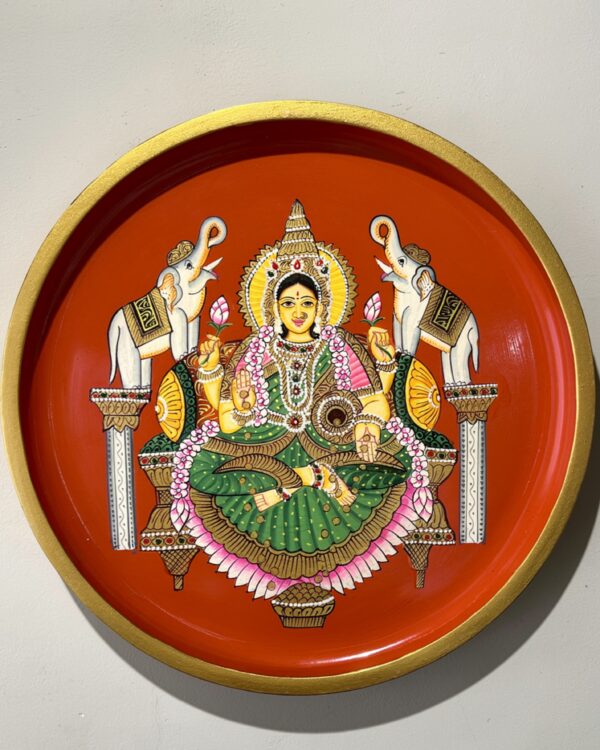 Handpainted Divine Laxmi Ji - Wooden Wall Art Plate (10 Inch)