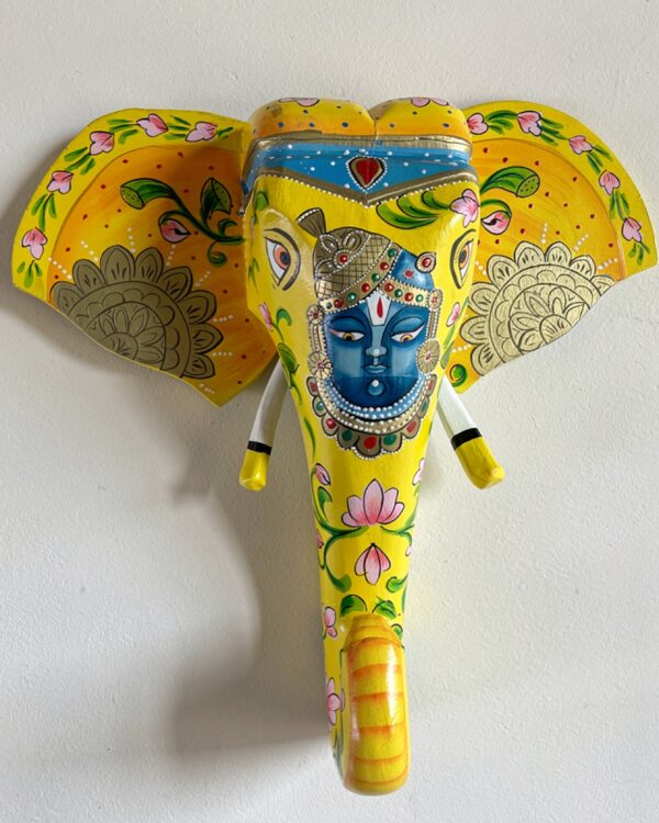 Hand-Painted Wooden Elephant Face with Shrinath Ji – Wall Mount (15" height) | Jodhpur Craftsmanship – 1 Piece