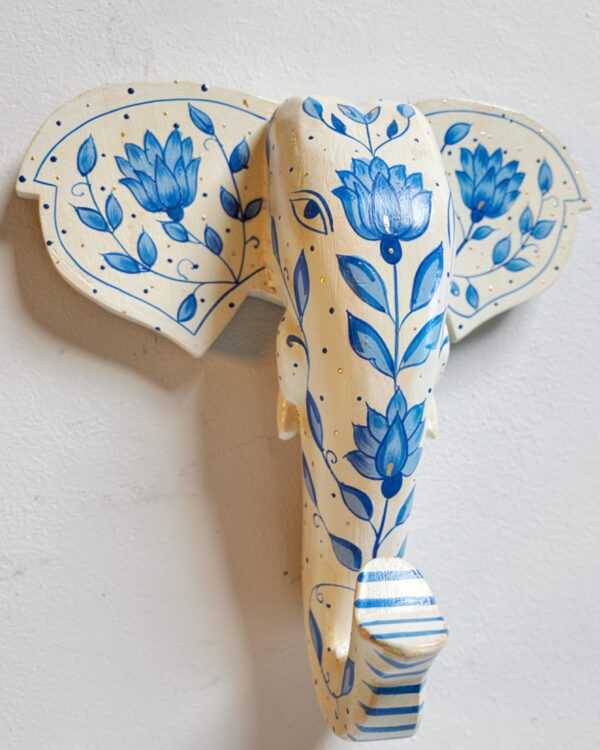 Handpainted White and Blue Wooden Elephant Face - Wall Art (10 inch)