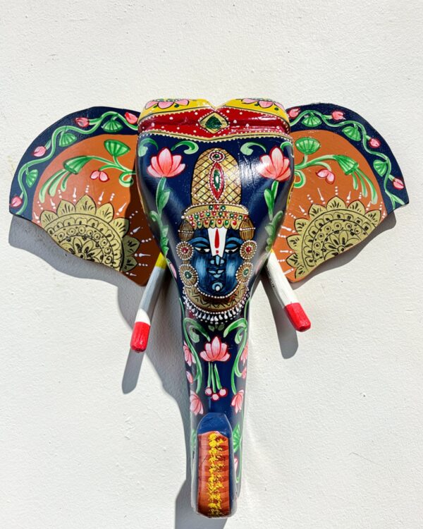 Hand-Painted Wooden Elephant Face with Shrinath Ji – Wall Mount (15" height) | Jodhpur Craftsmanship – 1 Piece