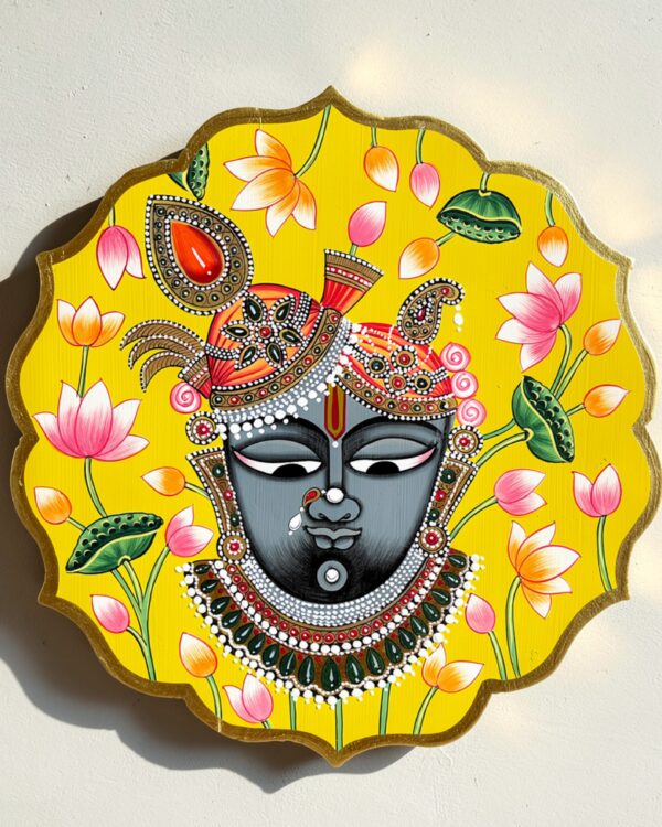 Handpainted Srinath Ji Face - Yellow - Wooden Wall Art Plate (10 Inch)