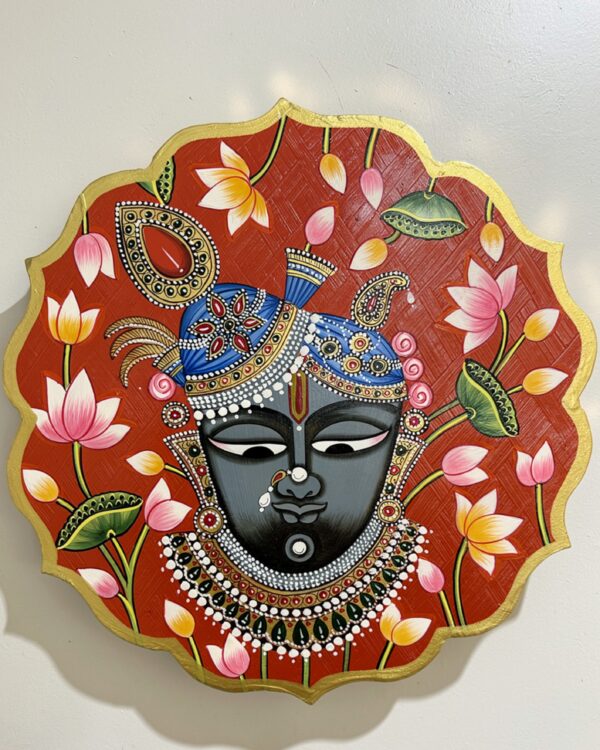 Handpainted Srinath Ji Face - Red - Wooden Wall Art Plate (10 Inch)