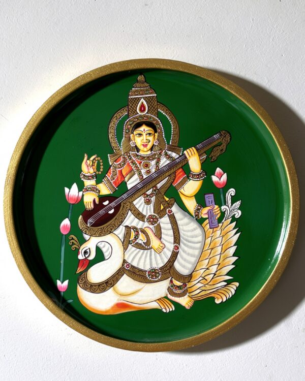 Handpainted Divine Saraswati Ji - Wooden Wall Art Plate (10 Inch)