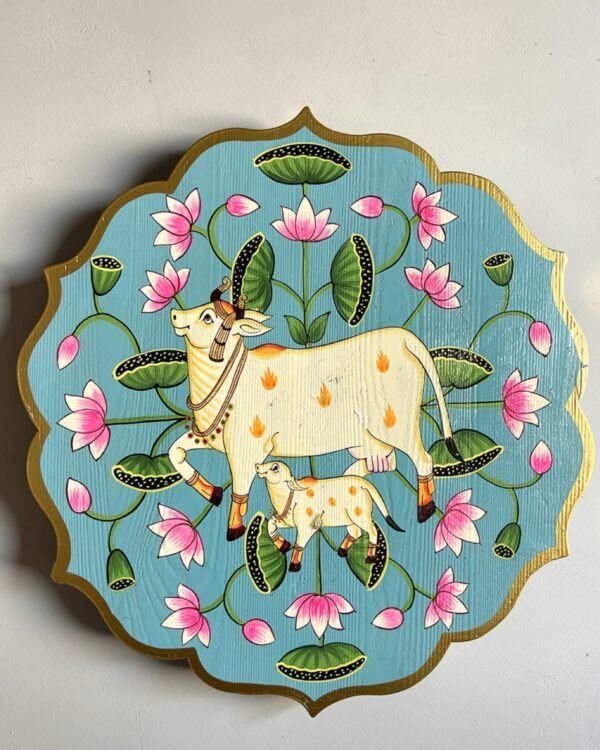 Handpainted Cow and calf Pichwai - Blue Wall Art Plate (10 Inch)