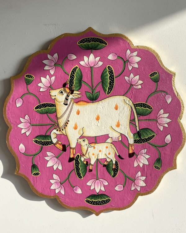 Handpainted Cow and calf Pichwai - Dark Pink Wall Art Plate (10 Inch)