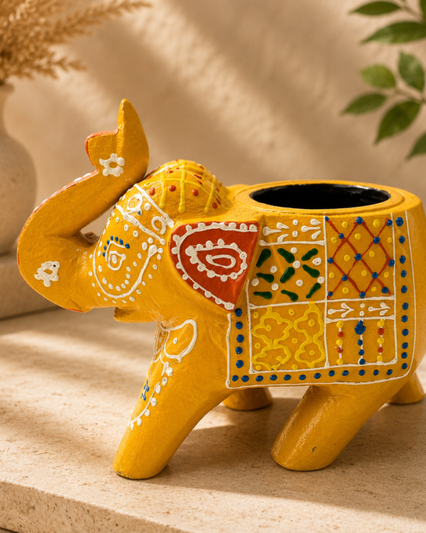 Handcrafted Wooden Elephant with T-light Holder – Yellow | Painted Decorative Piece from Jodhpur (4" height)