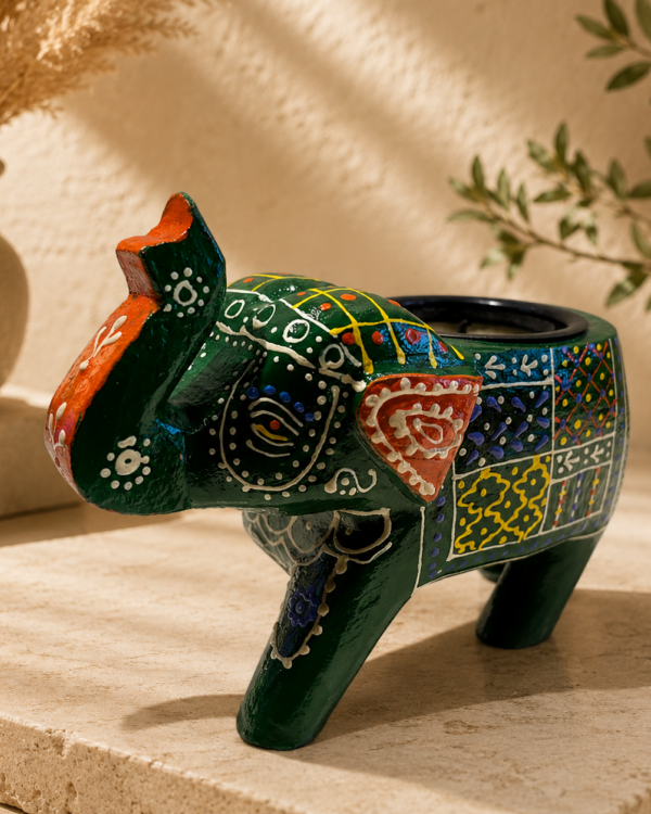Handcrafted Wooden Elephant with T-light Holder – Green | Painted Decorative Piece from Jodhpur (4" height)
