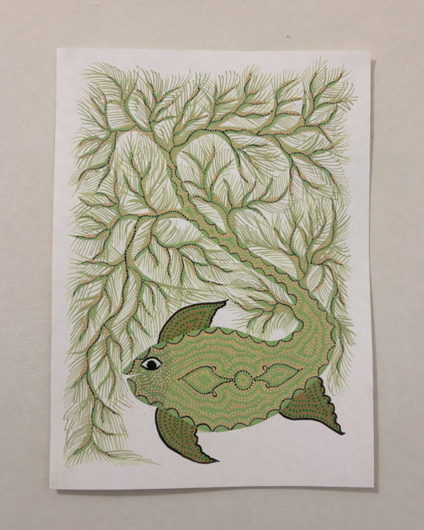 Bhil Art #40 - Fish Green - Big 11*15 inches - Hand Painted In Paper - Unframed