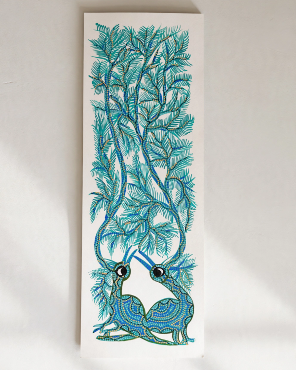 Bhil Art #11 - Peacock Pair Green - 6*16.5 inch - Hand Painted In Paper - Unframed