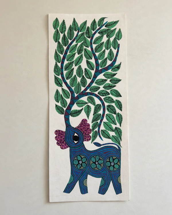 Bhil Art #16 - Elephant Green - 7*16.5 inch - Hand Painted In Paper - Unframed