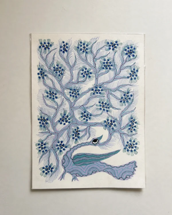 Bhil Art #39 - Peacock Blue - Big 11*15 inches - Hand Painted In Paper - Unframed
