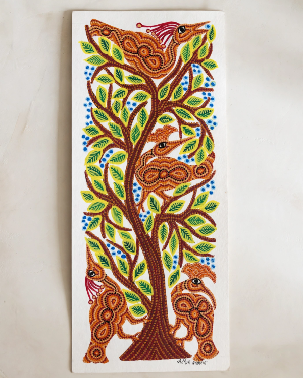Bhil Art #13 - Peacock on Tree - 6.5*15 inch - Hand Painted In Paper - Unframed