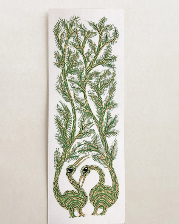 Bhil Art #04 - Peacock Pair Green - 6*16.5 inch - Hand Painted In Paper - Unframed